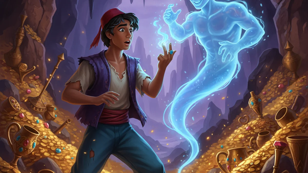 Illustration for Aladdin and the Ring Genie - a tales of aladdin Arabian Nights story with moral lessons