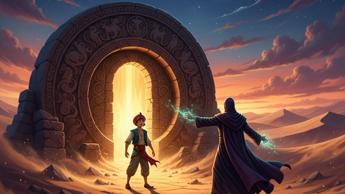 Aladdin and the Sorcerer - Tales of Aladdin story illustration from Arabian Nights