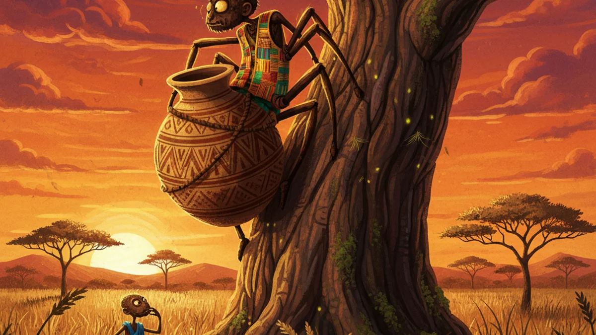 Anansi and the Pot of Wisdom - Trickster Tales story illustration from African Folktales