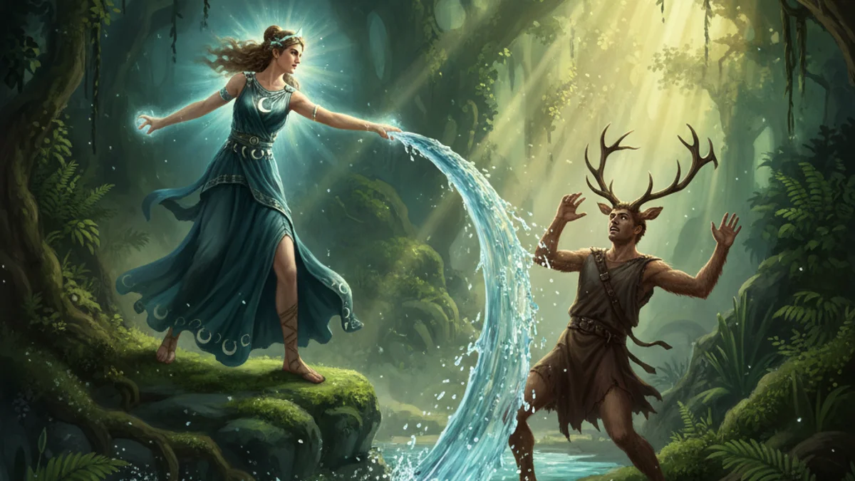 Artemis and Actaeon - Olympian Gods story illustration from Greek Myths