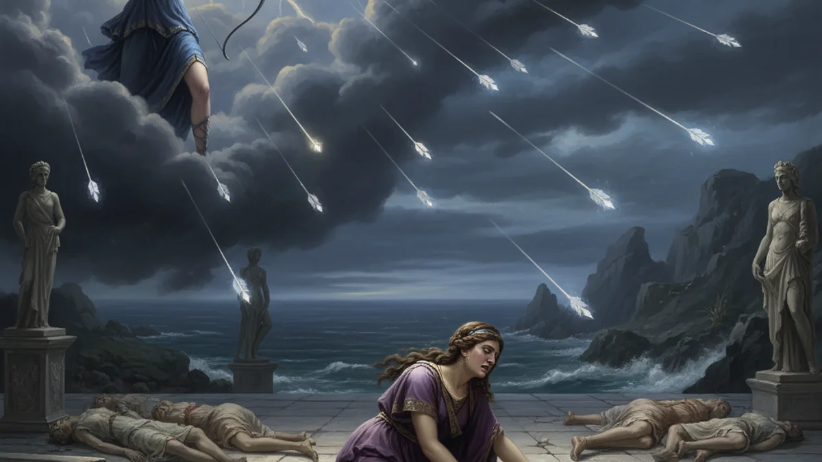 Illustration for Artemis and Niobe - a olympian gods Greek Myths story with moral lessons