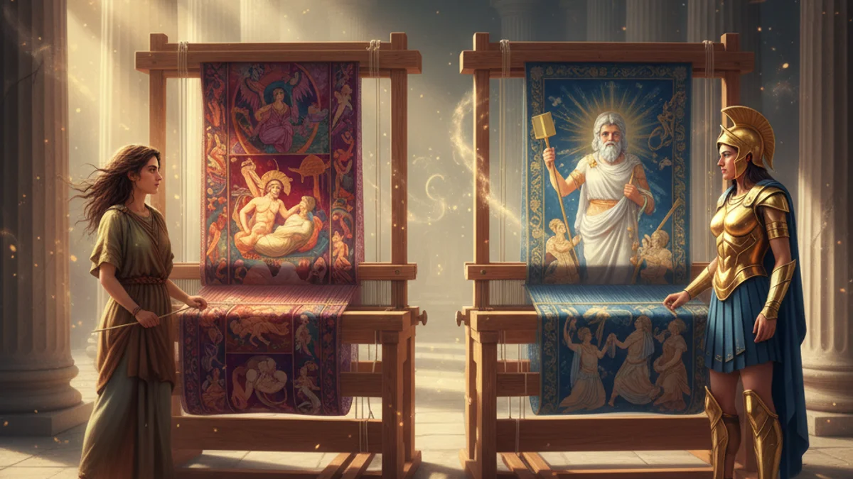 Illustration for Athena and Arachne - a olympian gods Greek Myths story with moral lessons