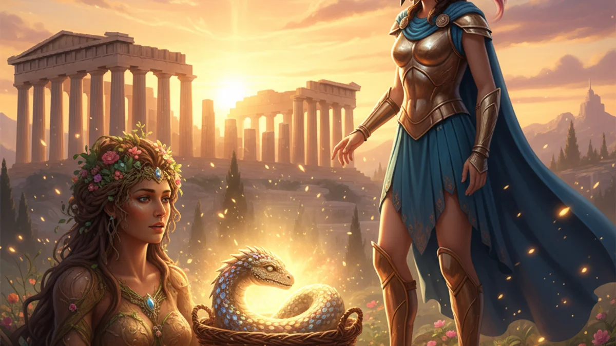 Illustration for Athena and Erichthonius - a olympian gods Greek Myths story with moral lessons
