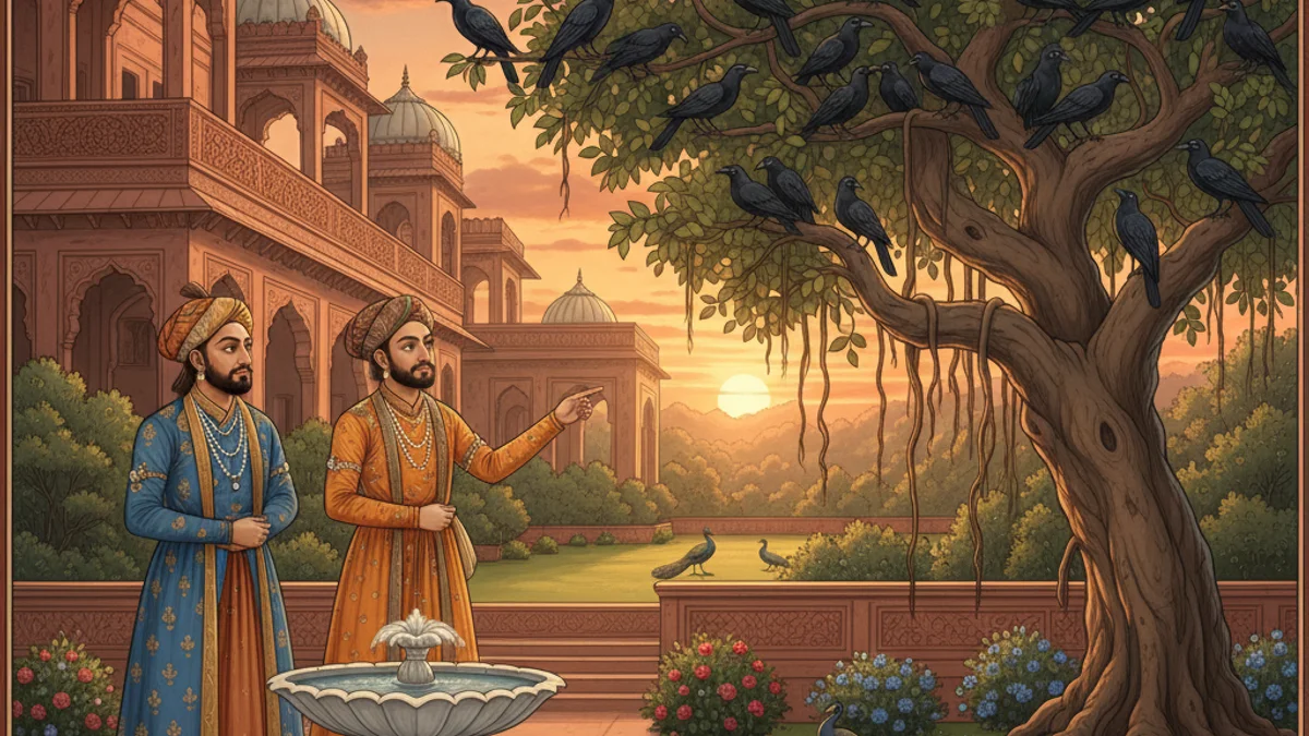 Illustration for Birbal Counts the Crows - a birbal and akbar tales Indian Story Collections story with moral lessons