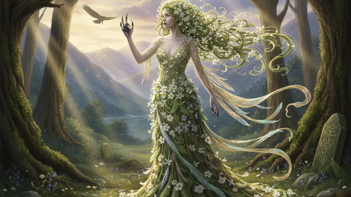 Illustration for Blodeuwedd the Flower Woman - a welsh legends Celtic Myths story with moral lessons