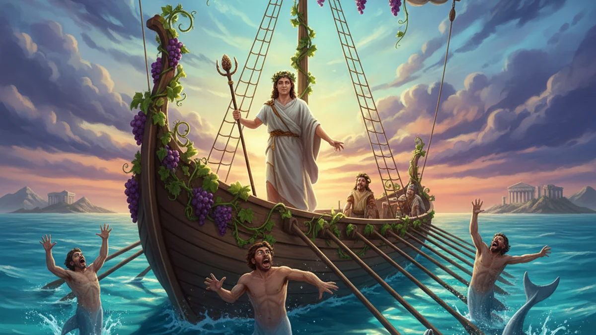 Illustration for Dionysus and the Pirates - a olympian gods Greek Myths story with moral lessons