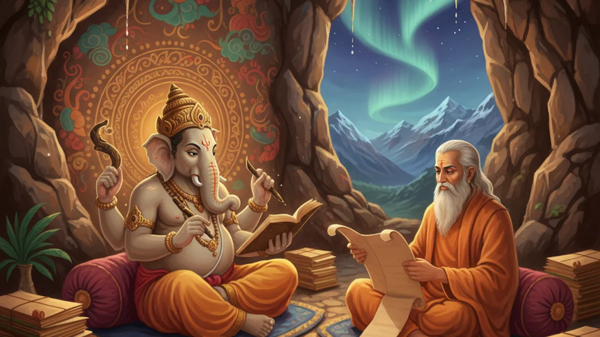 Illustration for Ganesha Writes the Mahabharata - a gods and demons Hindu Epics story with moral lessons