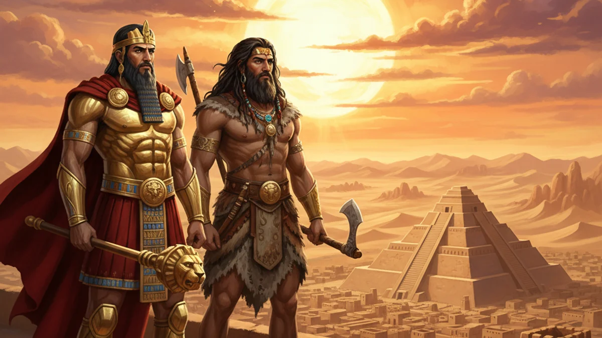 Gilgamesh and Enkidu - Epic of Gilgamesh story illustration from Mesopotamian Mythology