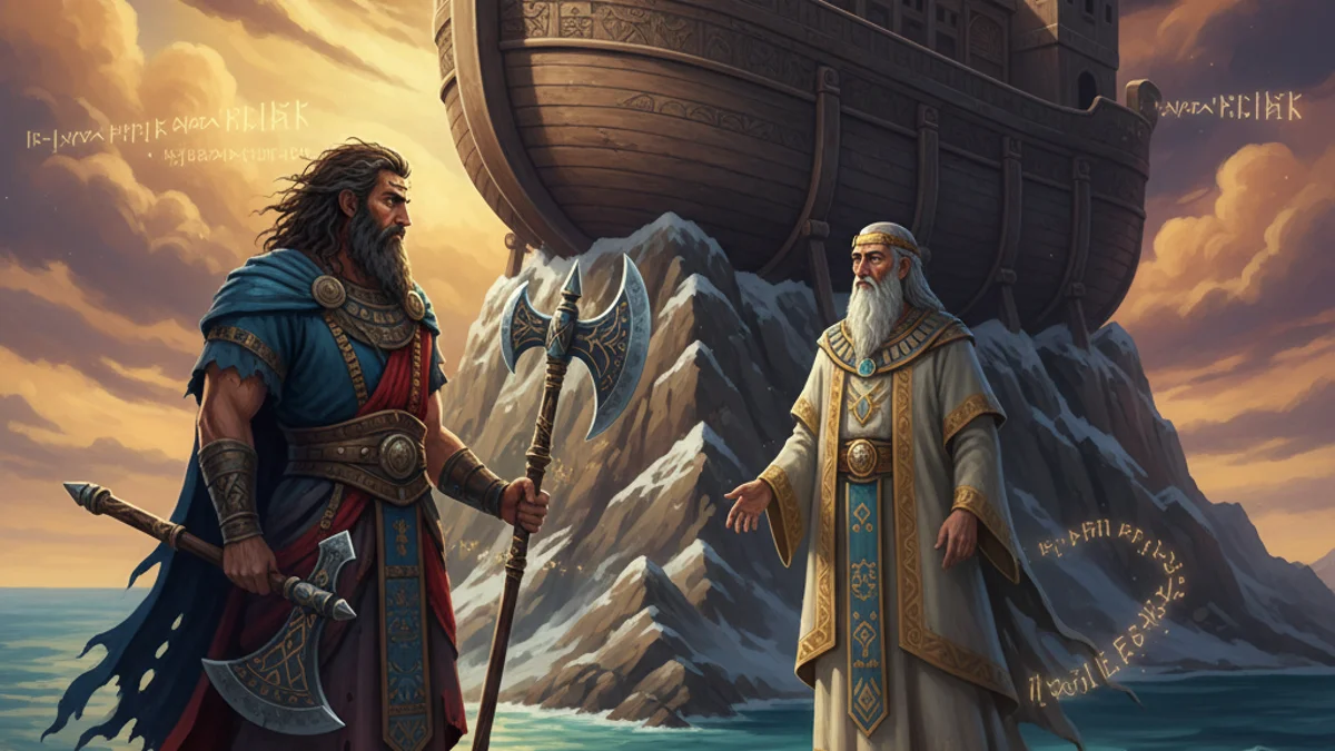 Gilgamesh and Utnapishtim - Epic of Gilgamesh story illustration from Mesopotamian Mythology