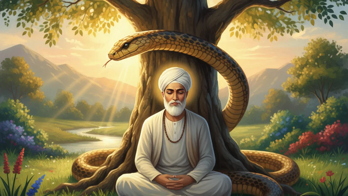 Guru Nanak and the Cobra - Stories of Sikh Gurus story illustration from Sikh Saakhis