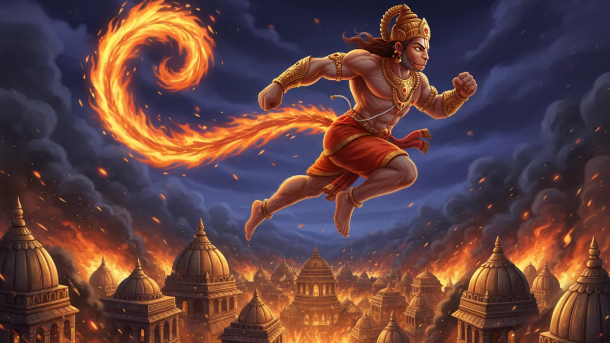 Hanuman Burns Lanka - Stories from the Ramayana story illustration from Hindu Epics