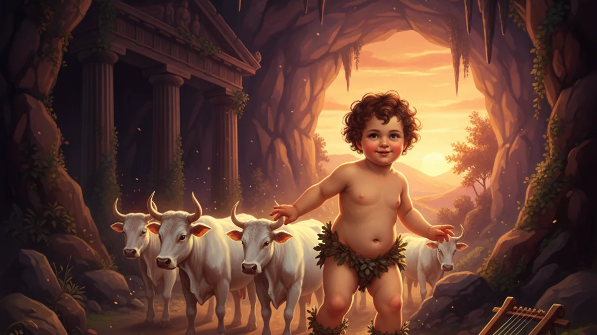 Hermes and the Cattle of Apollo - Olympian Gods story illustration from Greek Myths