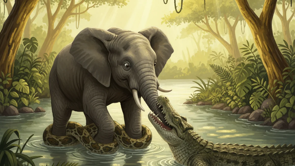 How the Elephant Got Its Trunk - Animal Origins story illustration from Kipling's Just So Stories