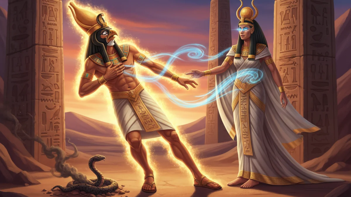 Isis and the Secret Name of Ra - Gods and Goddesses story illustration from Egyptian Mythology