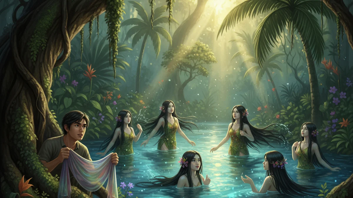 Jaka Tarub and the Heavenly Nymph - Classic Legends story illustration from Indonesian Folklore