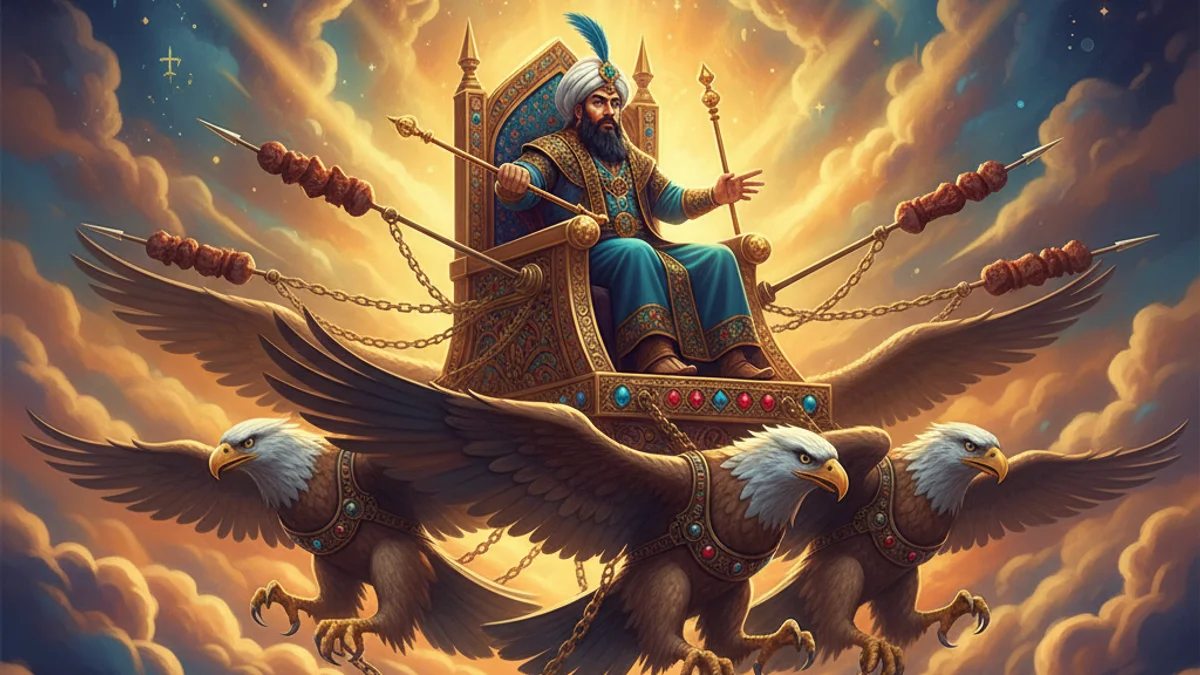 Kay Kavus and the Flying Throne - Shahnameh Kings story illustration from Persian Mythology