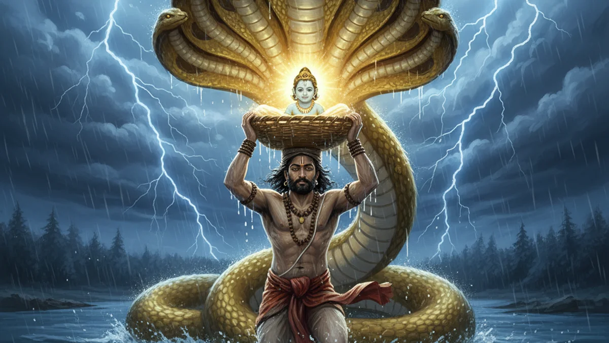 Illustration for Krishna's Escape from Kamsa - a krishna tales Hindu Epics story with moral lessons