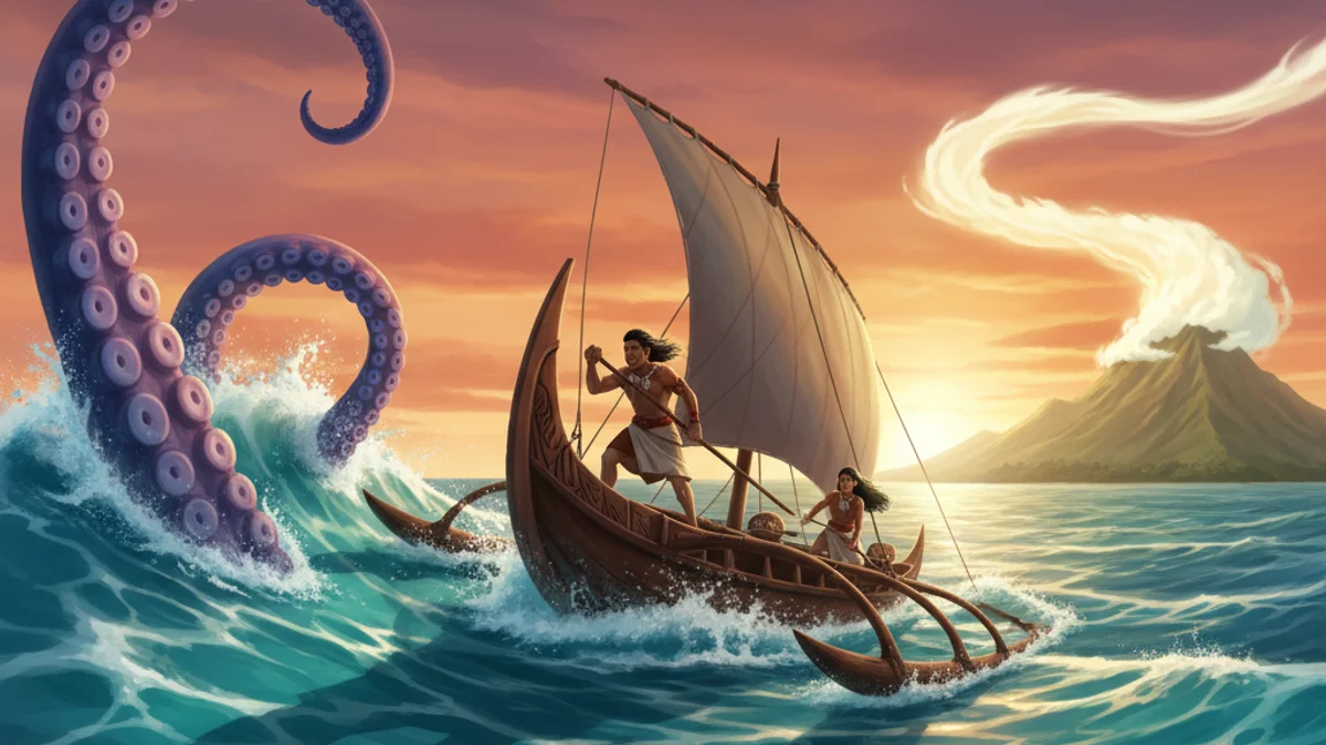 Illustration for Kupe Discovers Aotearoa - a pacific voyaging Polynesian Mythology story with moral lessons