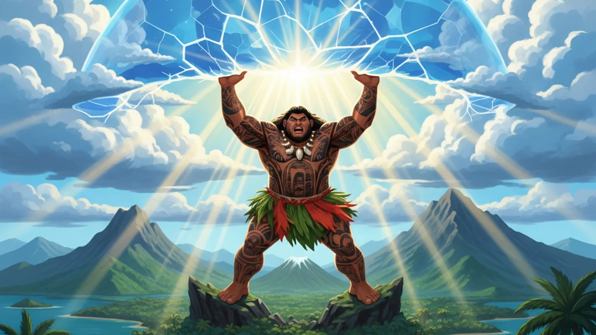 Maui Lifts the Sky - Maui Legends story illustration from Polynesian Mythology