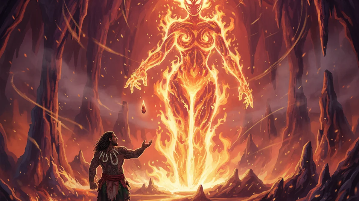 Maui Steals Fire - Maui Legends story illustration from Polynesian Mythology