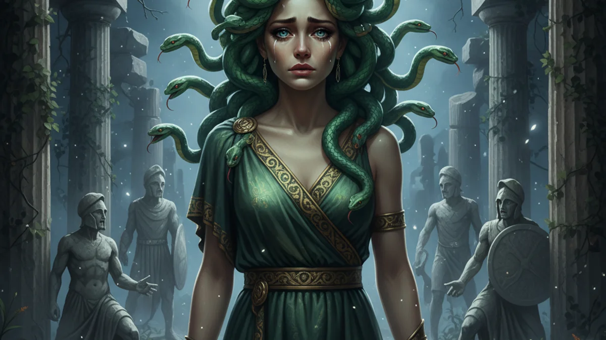 Illustration for Medusa the Gorgon - a mythical creatures Greek Myths story with moral lessons