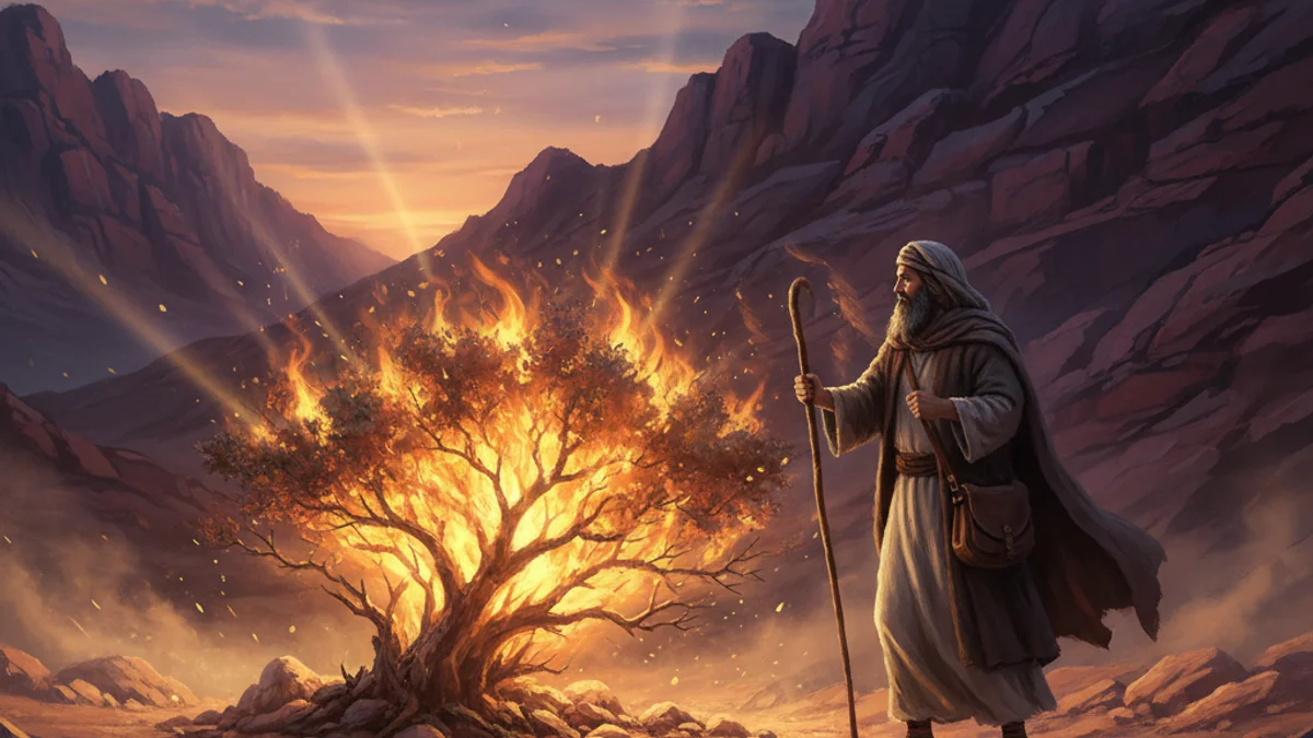 Moses and the Burning Bush - Tales from the Torah story illustration from Jewish Folklore