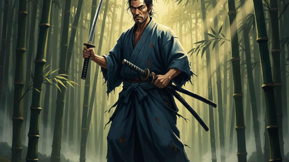 Musashi and the Two Swords - Legends of Miyamoto Musashi story illustration from Japanese Samurai Legends