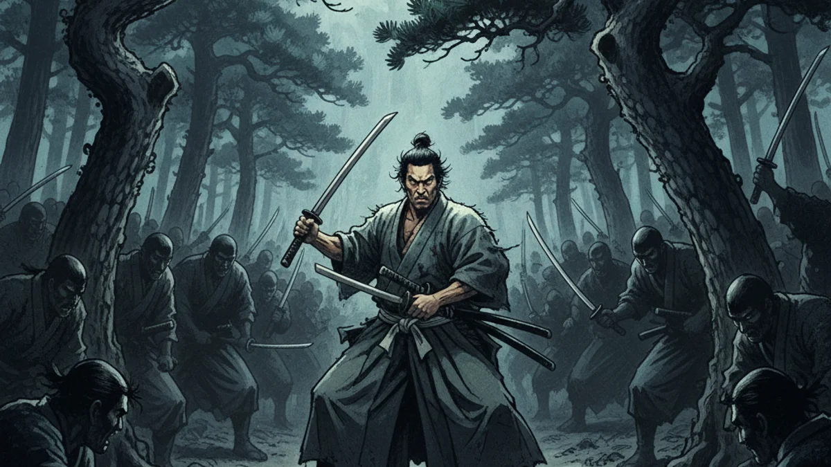 Musashi and the Yoshioka School - Legends of Miyamoto Musashi story illustration from Japanese Samurai Legends