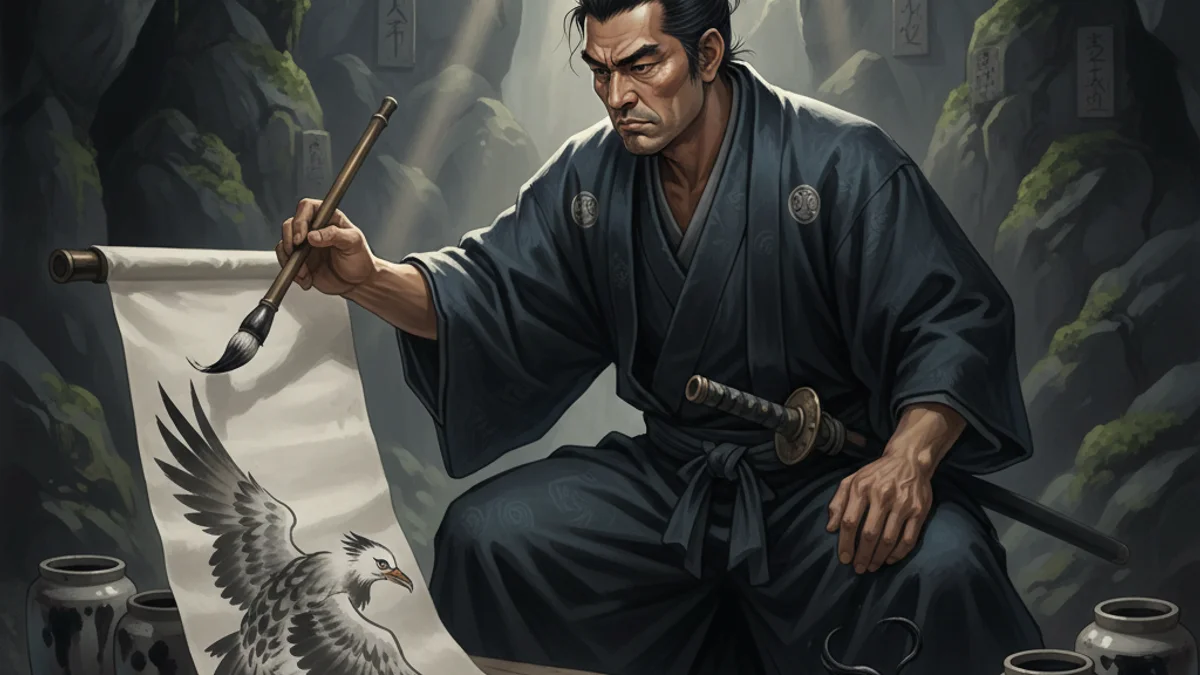 Musashi as Artist - Legends of Miyamoto Musashi story illustration from Japanese Samurai Legends