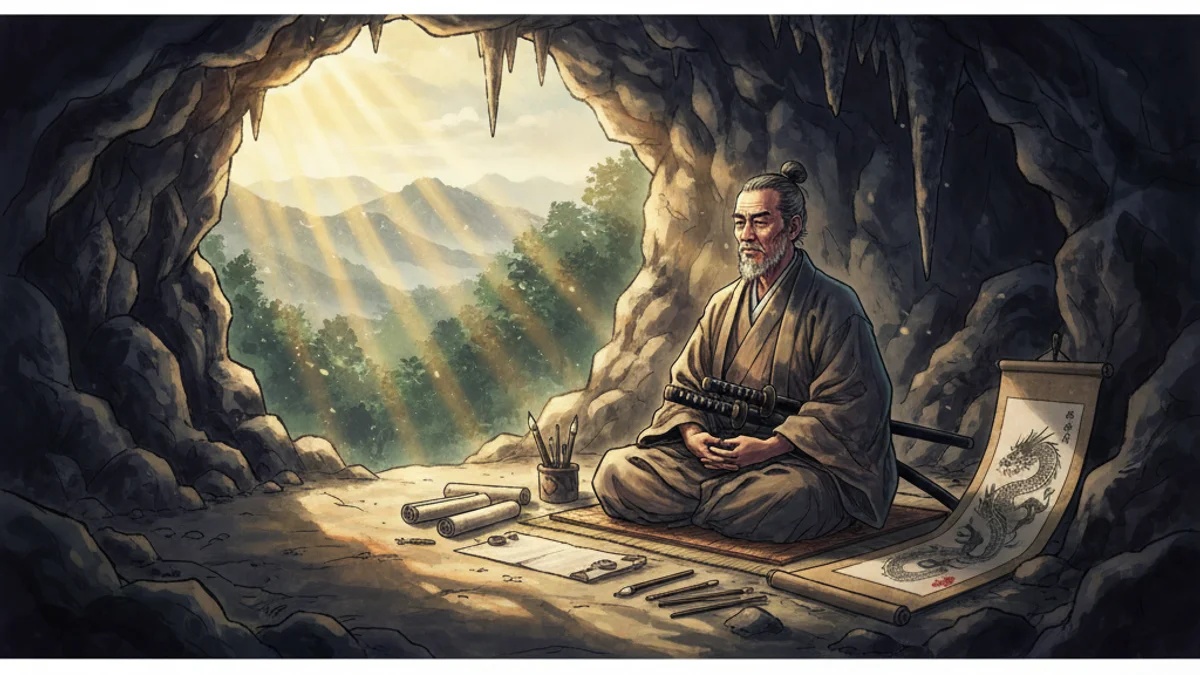 Musashi in the Reigando Cave - Legends of Miyamoto Musashi story illustration from Japanese Samurai Legends
