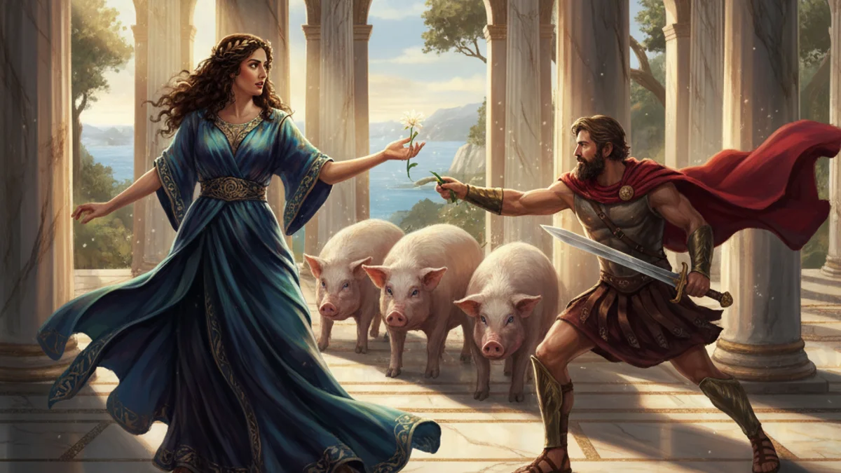 Illustration for Odysseus and Circe - a heroes Greek Myths story with moral lessons
