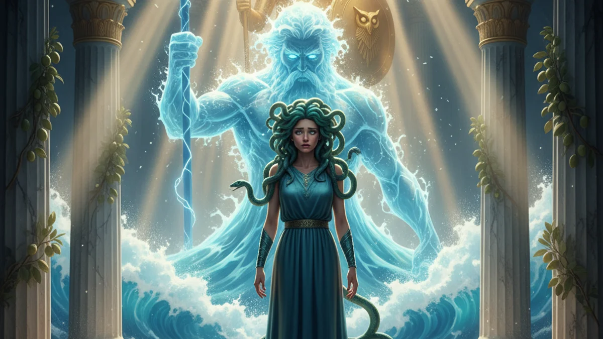 Illustration for Poseidon and Medusa - a olympian gods Greek Myths story with moral lessons