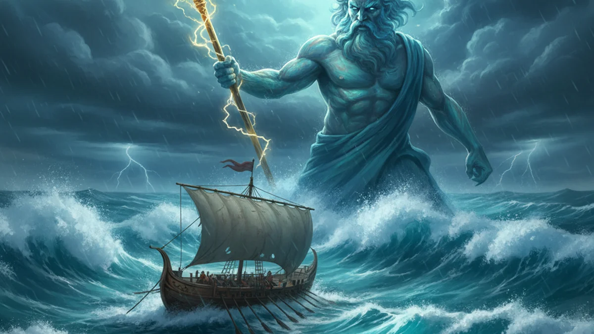 Illustration for Poseidon and Odysseus - a olympian gods Greek Myths story with moral lessons