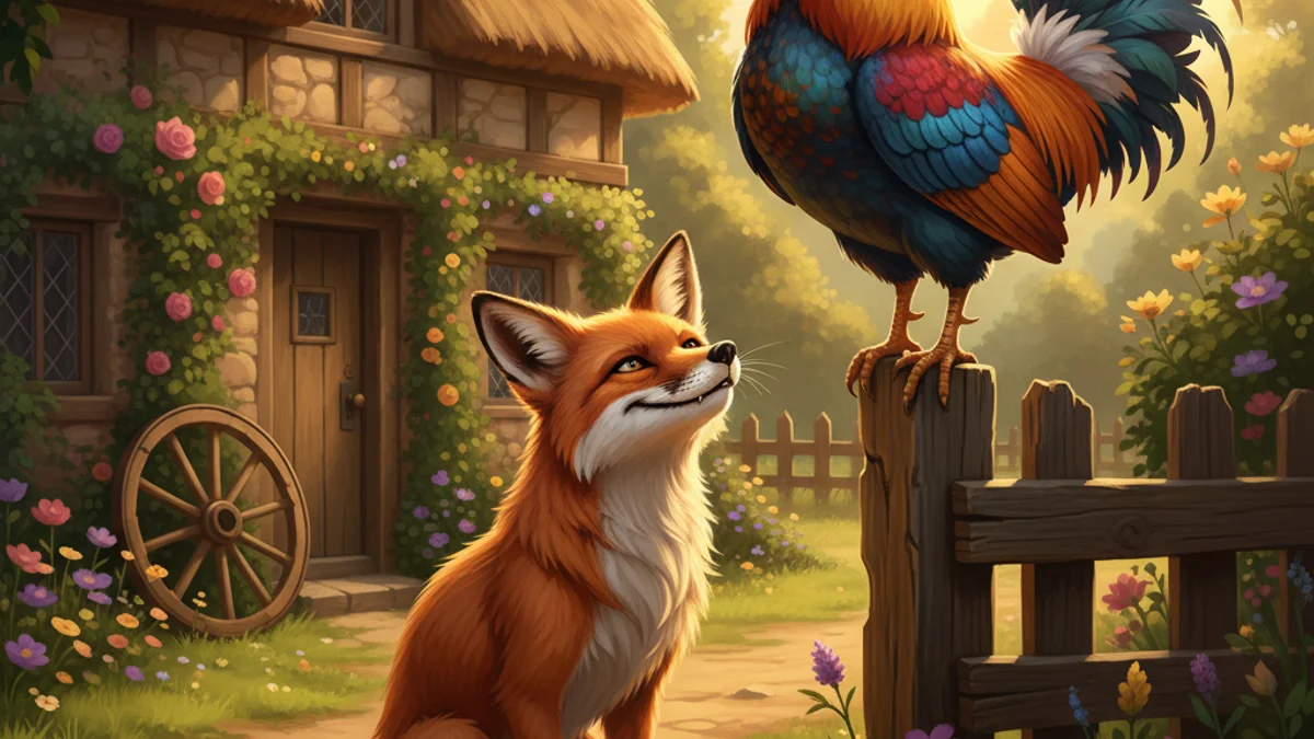Reynard and the Rooster - Reynard the Fox story illustration from Trickster Tales