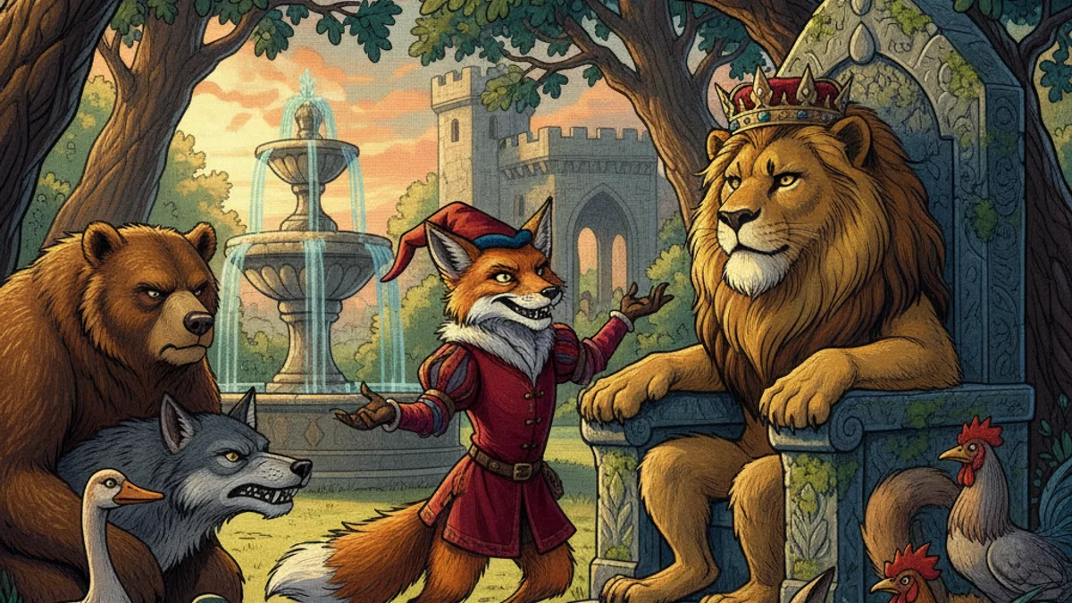 Reynard at Court - Reynard the Fox story illustration from Trickster Tales