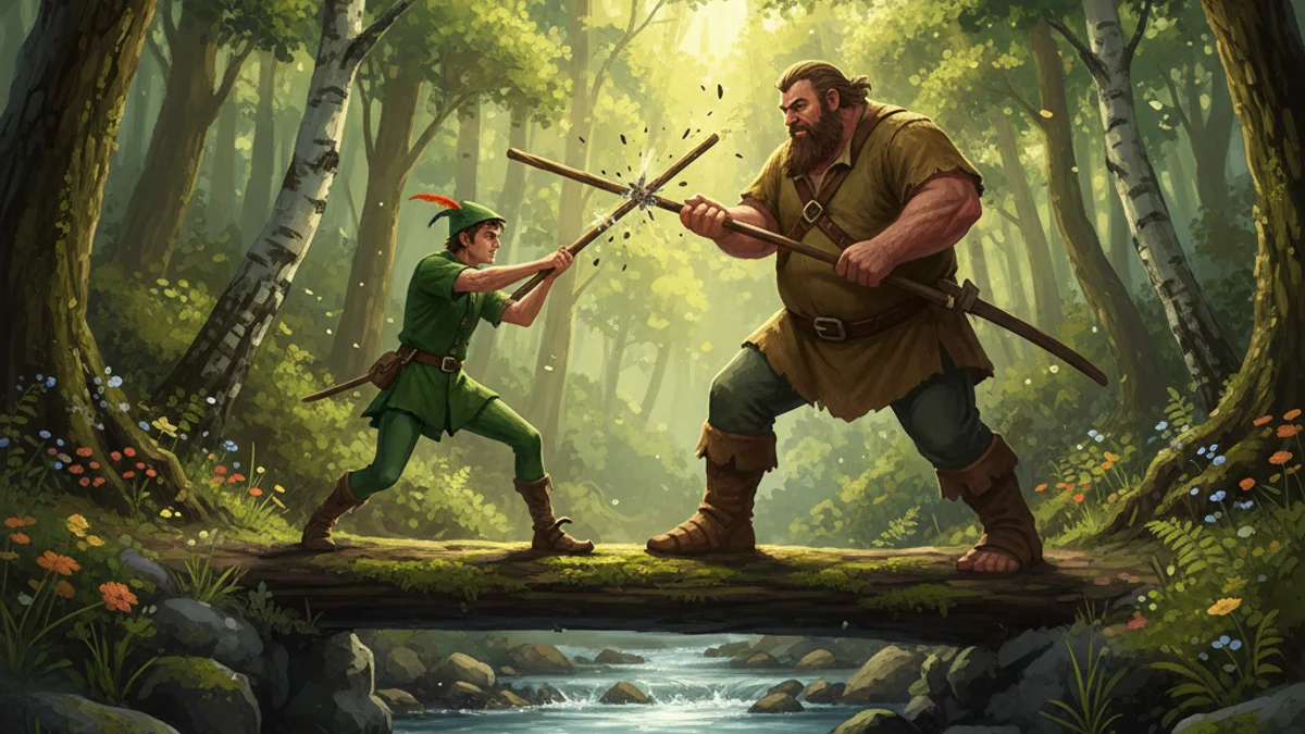 Robin Hood Meets Little John - Classic Tales story illustration from Robin Hood