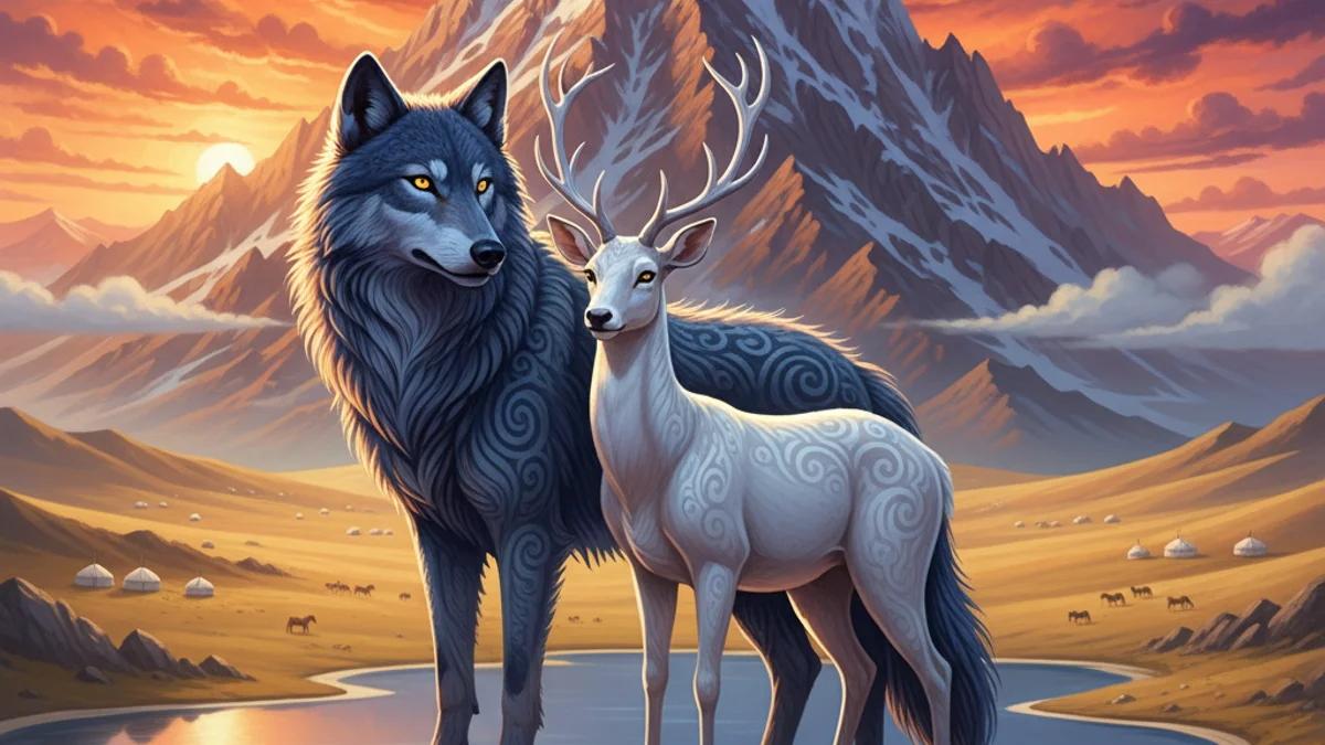 Illustration for The Blue Wolf and White Doe - a folklore of genghis khan Mongolian Epics story with moral lessons