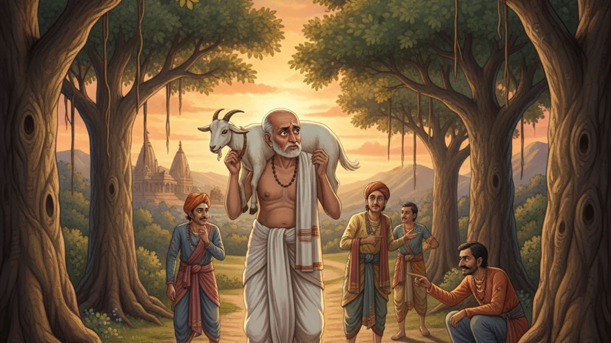 The Brahmin's Goat - Animal Stories with Life Lessons story illustration from Panchatantra