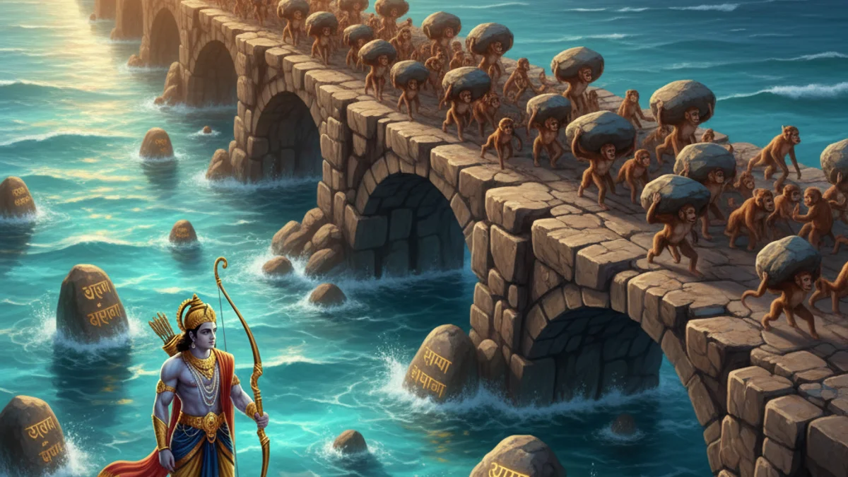 The Building of Rama's Bridge - Stories from the Ramayana story illustration from Hindu Epics