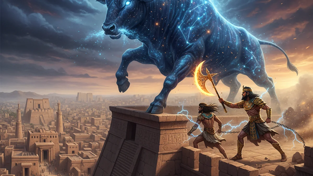 The Bull of Heaven - Epic of Gilgamesh story illustration from Mesopotamian Mythology