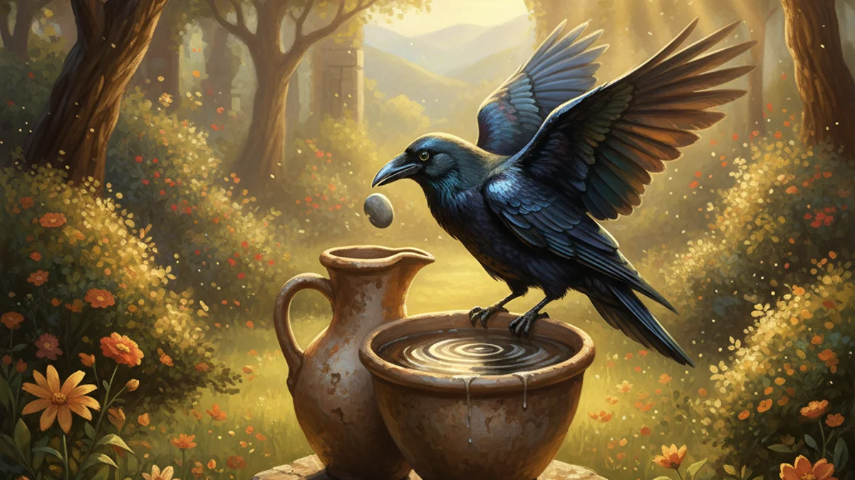 The Crow and the Water Pitcher - Animal Stories with Life Lessons story illustration from Panchatantra