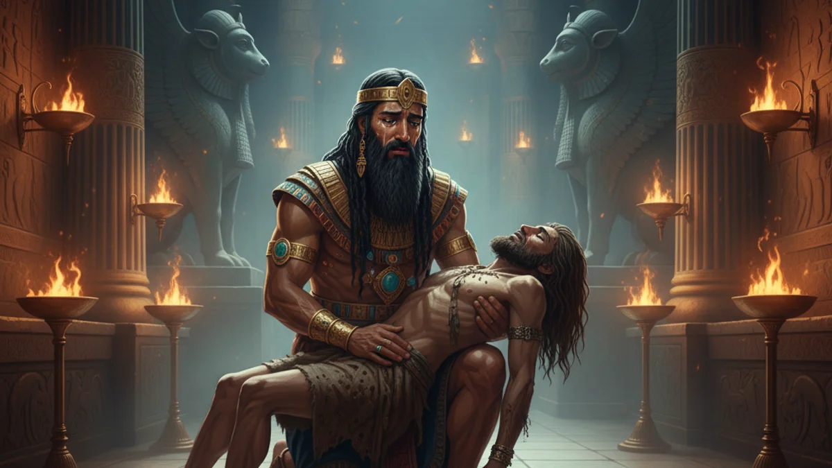 The Death of Enkidu - Epic of Gilgamesh story illustration from Mesopotamian Mythology