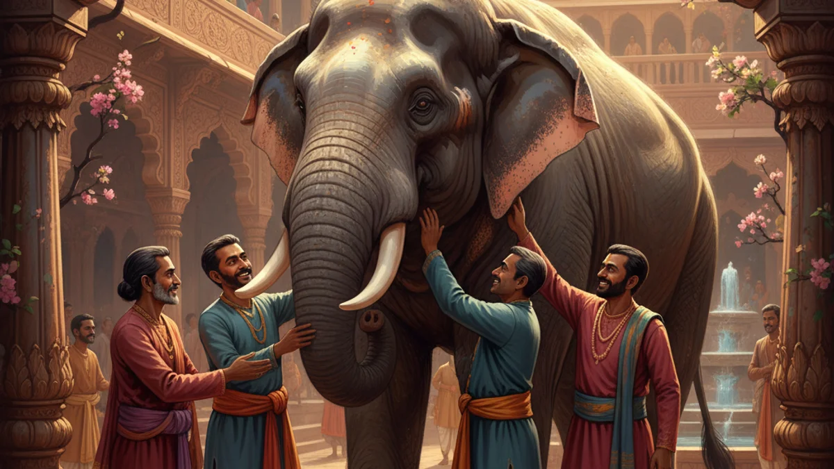 The Elephant and the Blind Men - Stories of Buddha's Past Lives story illustration from Buddhist Jataka Tales