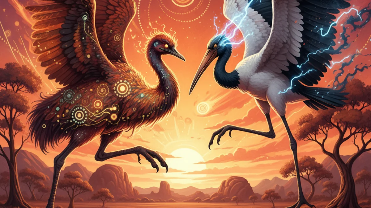 The Emu and the Jabiru - Dreamtime Stories story illustration from Australian Aboriginal