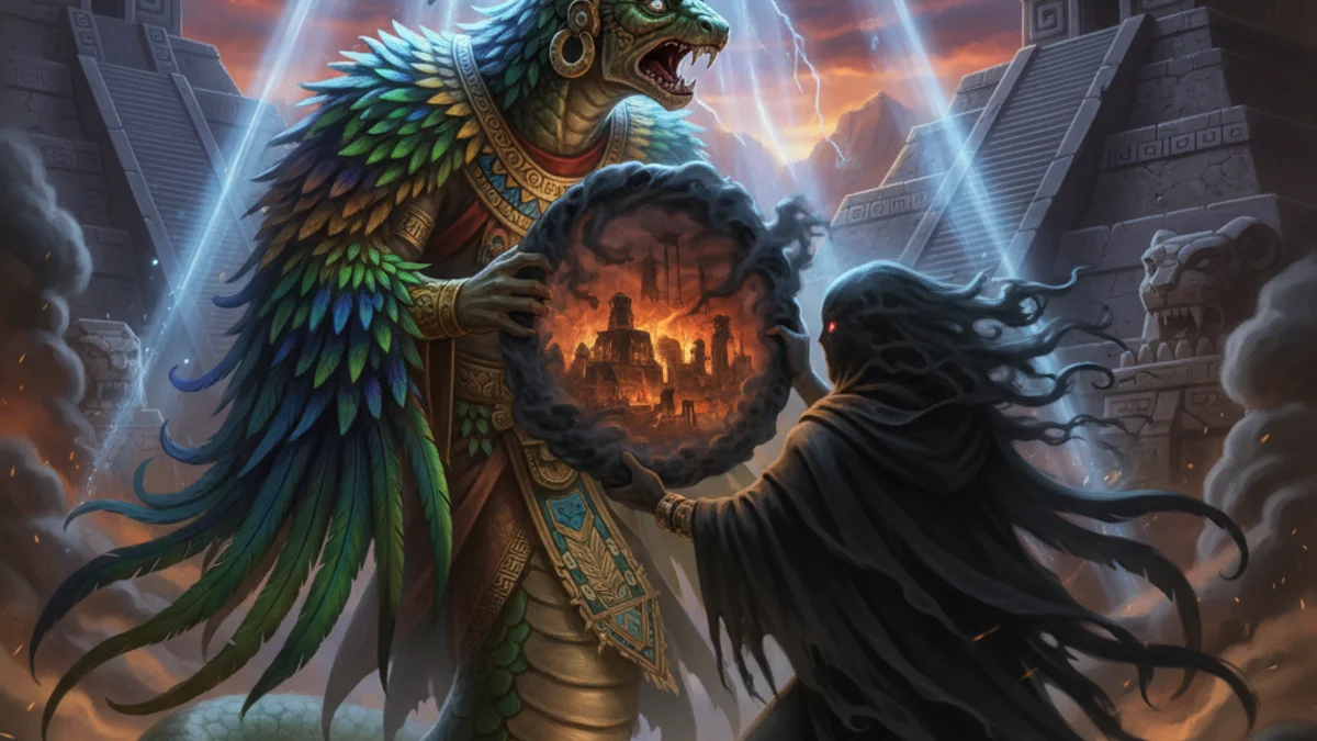 The Fall of Quetzalcoatl - Aztec Gods story illustration from Mayan and Aztec Mythology