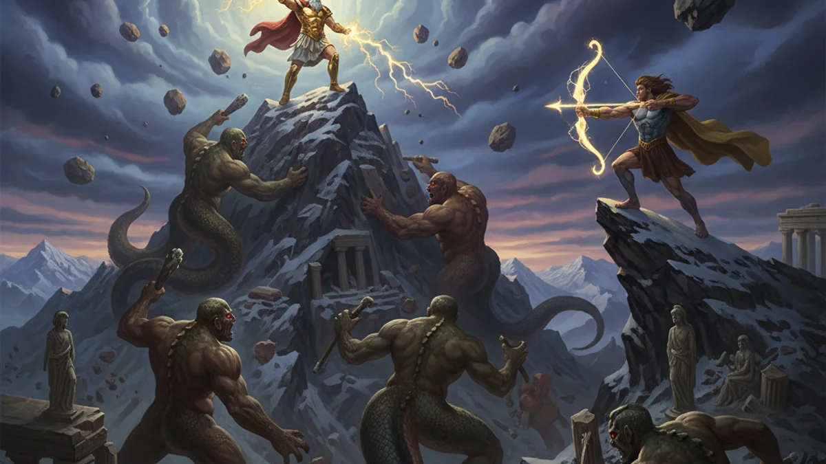 Illustration for The Giants - a mythical creatures Greek Myths story with moral lessons