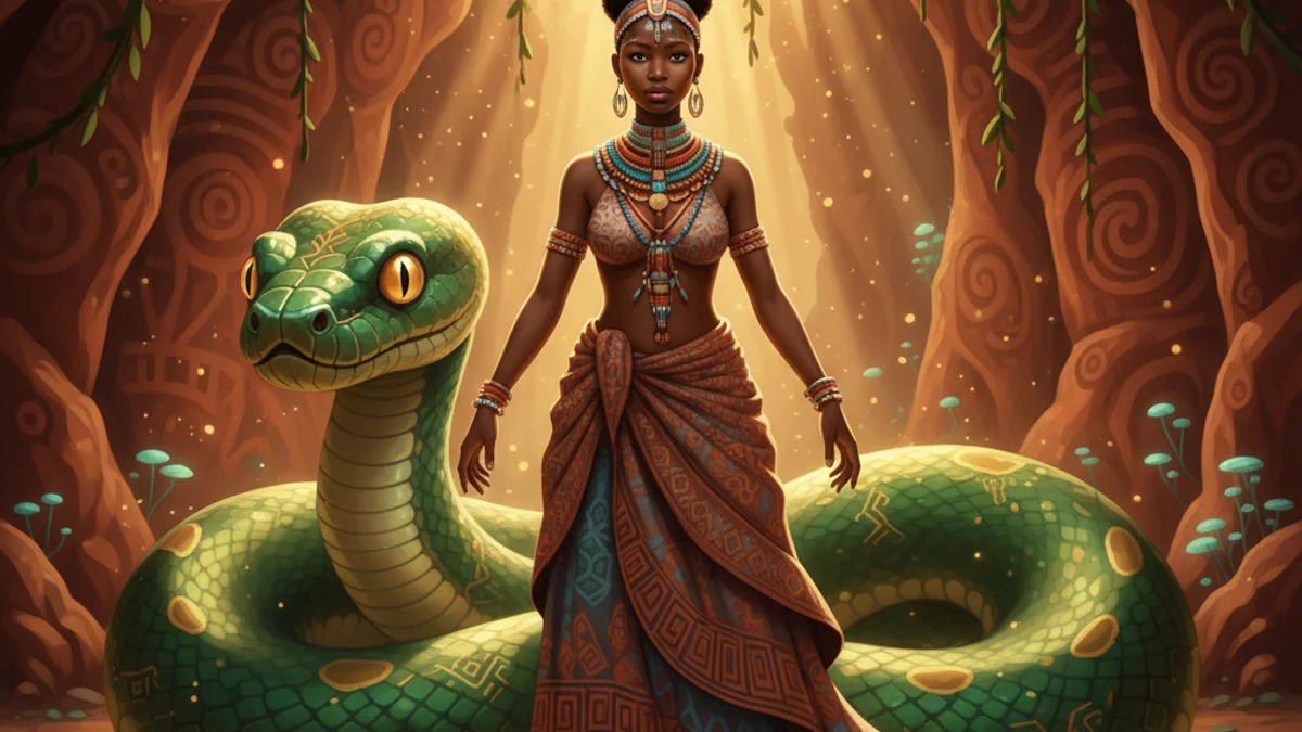 The Girl and the Python - Zulu Tales story illustration from Southern African Folklore