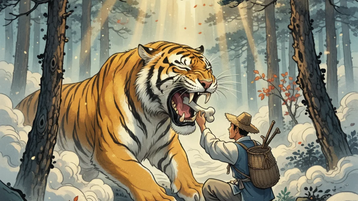 Illustration for The Grateful Tiger - a classic folktales Korean Mythology story with moral lessons