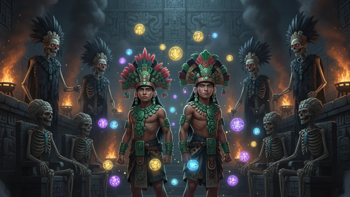 The Hero Twins Hunahpu and Xbalanque - Popol Vuh story illustration from Mayan and Aztec Mythology