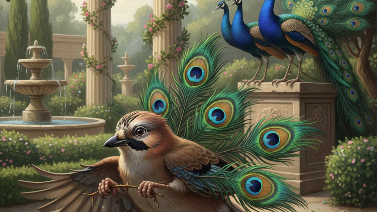 The Jay and the Peacock - Additional Aesop story illustration from Greek Fables